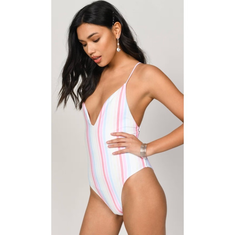 Tobi Womens' Better Off Lace Up Monokini Bathing Suit Striped Pastel Small